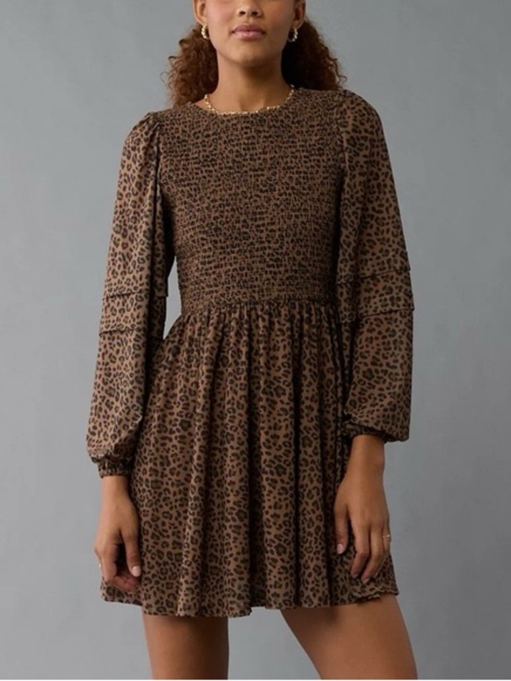 American Eagle XS Leopard Print Smocked Boho Mini Dress